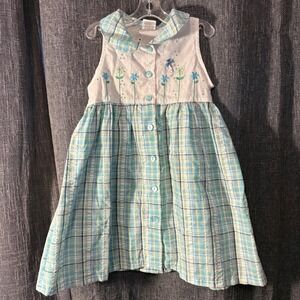 Fisher Price Blue Green Plaid Embroidered Dragonfly Button Front Dress (Girl 2T)
